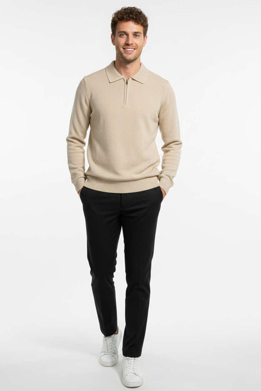 Men's Knitted Sweater with Zip Collar, Beige