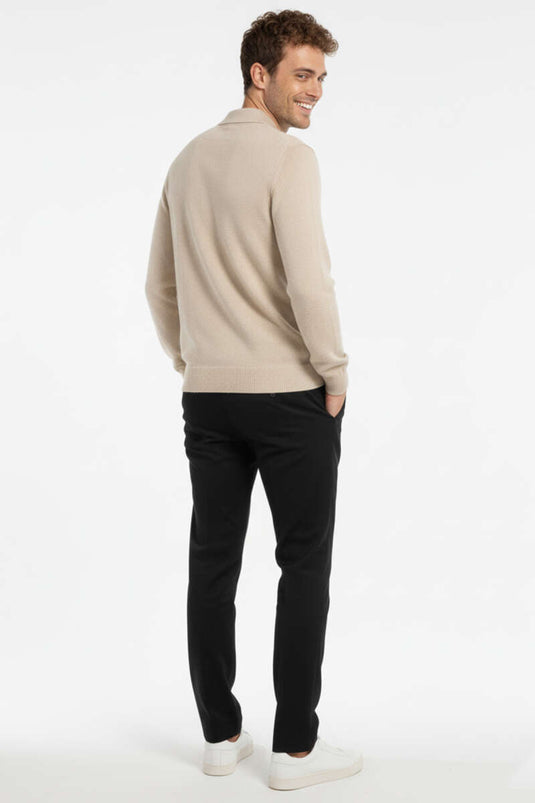 Men's Knitted Sweater with Zip Collar, Beige