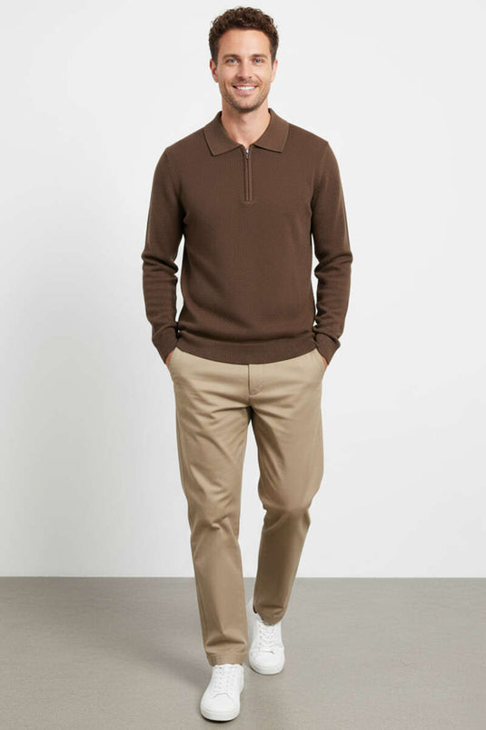 Yaka Fermuarlı Triko Erkek Kazak Kahve