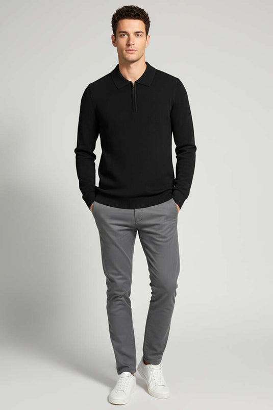 Yaka Fermuarlı Triko Erkek Kazak Siyah