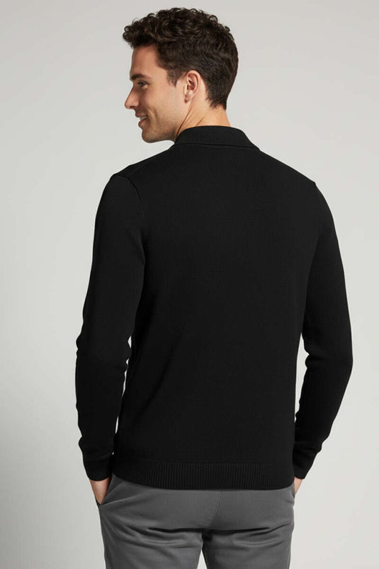 Yaka Fermuarlı Triko Erkek Kazak Siyah