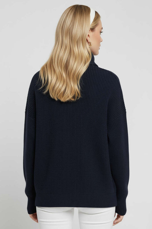Navy Blue Knitted Sweater with Zip Collar