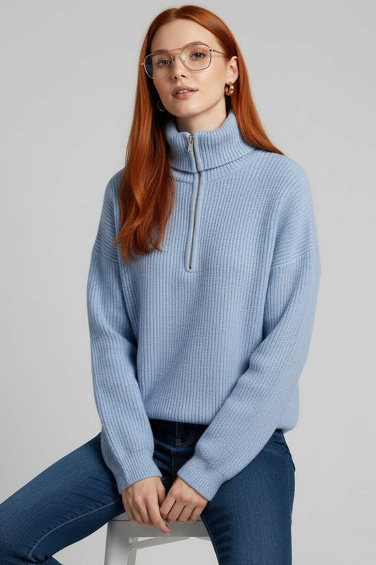 Blue Knitted Sweater with Zip Collar