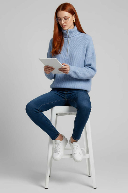 Blue Knitted Sweater with Zip Collar