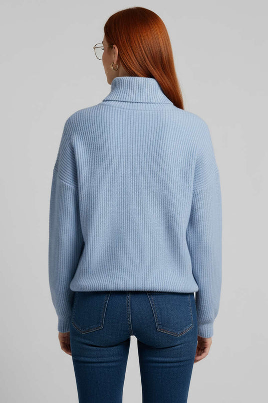 Blue Knitted Sweater with Zip Collar