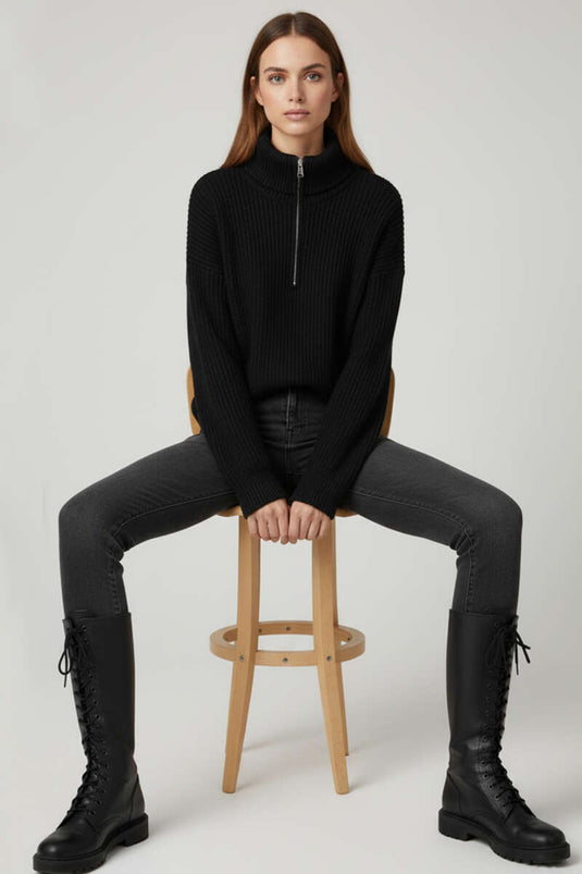 Black Knitted Sweater with Zip Collar