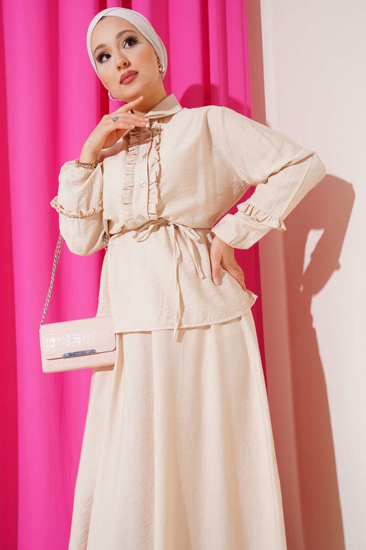 Beige Two-Piece Set with Ruffled Collar and Skirt