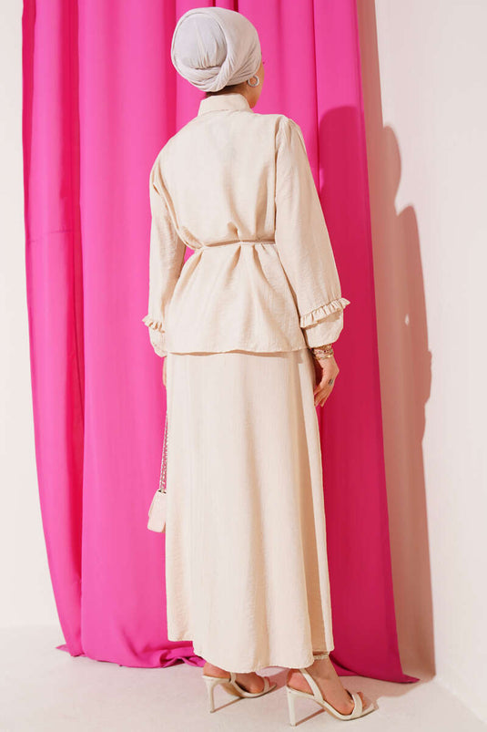 Beige Two-Piece Set with Ruffled Collar and Skirt