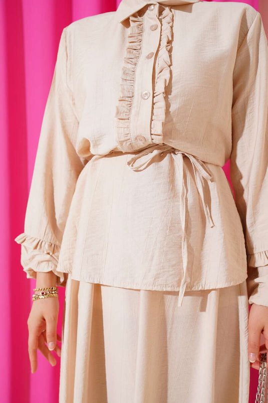 Beige Two-Piece Set with Ruffled Collar and Skirt