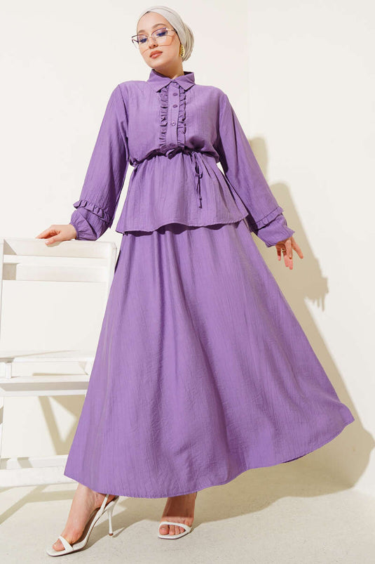 Tweedelig pak met ruches en rok, lila