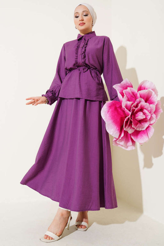 Yaka Fırfır Detaylı Etekli İkili Takım Mor