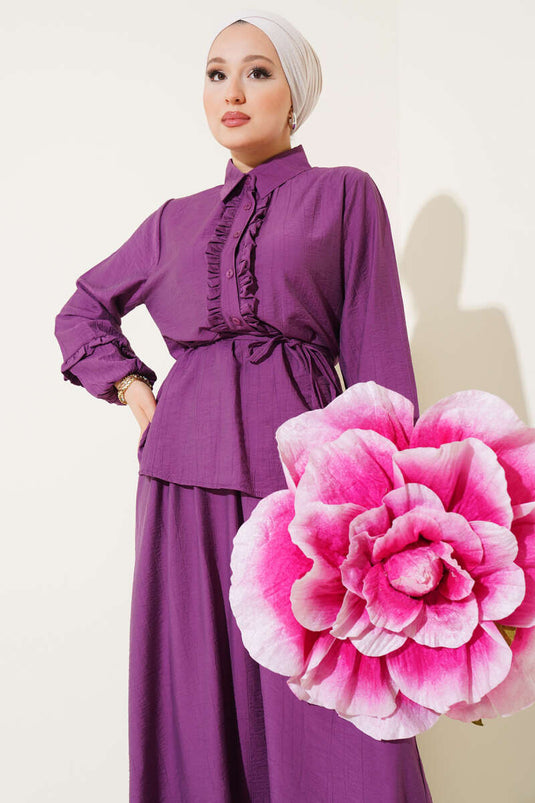 Yaka Fırfır Detaylı Etekli İkili Takım Mor