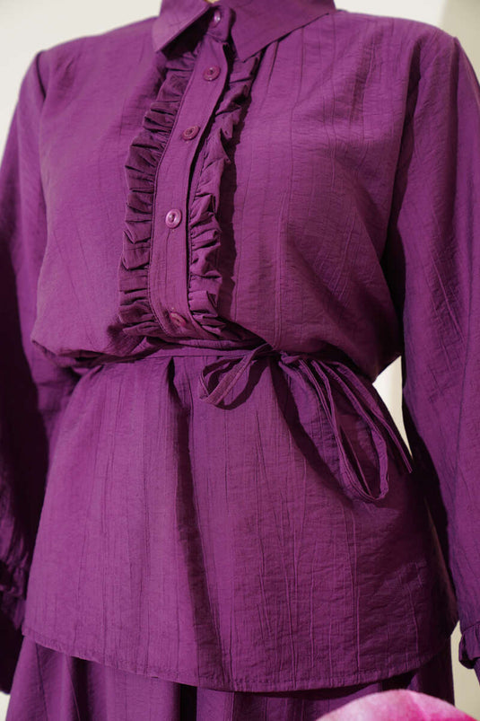 Yaka Fırfır Detaylı Etekli İkili Takım Mor