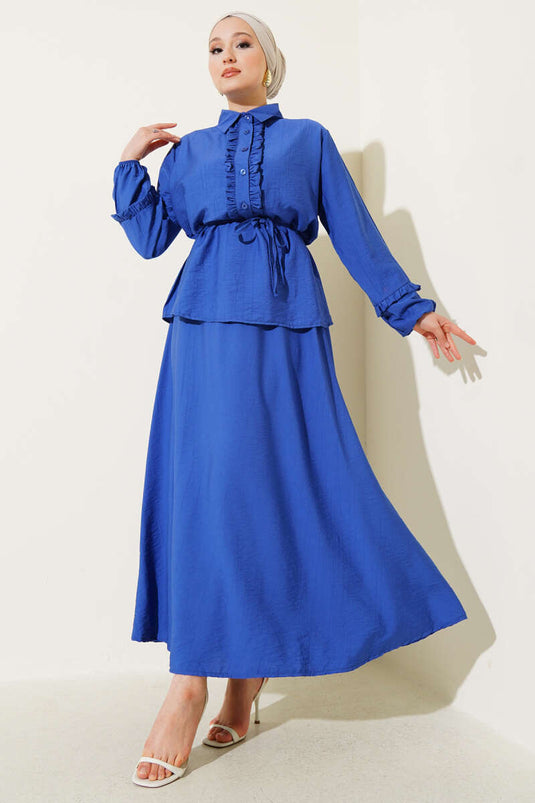 Tweedelig rokpak met ruches en details in Saxe