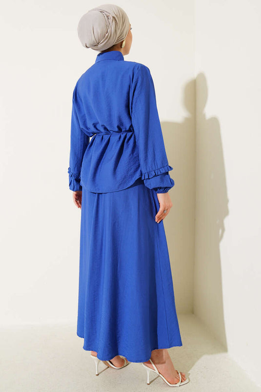 Tweedelig rokpak met ruches en details in Saxe