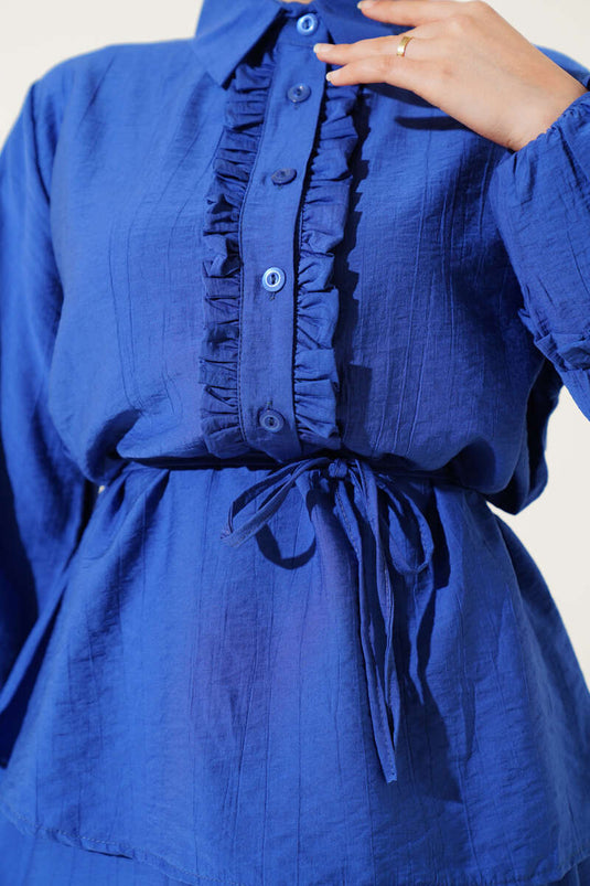 Tweedelig rokpak met ruches en details in Saxe