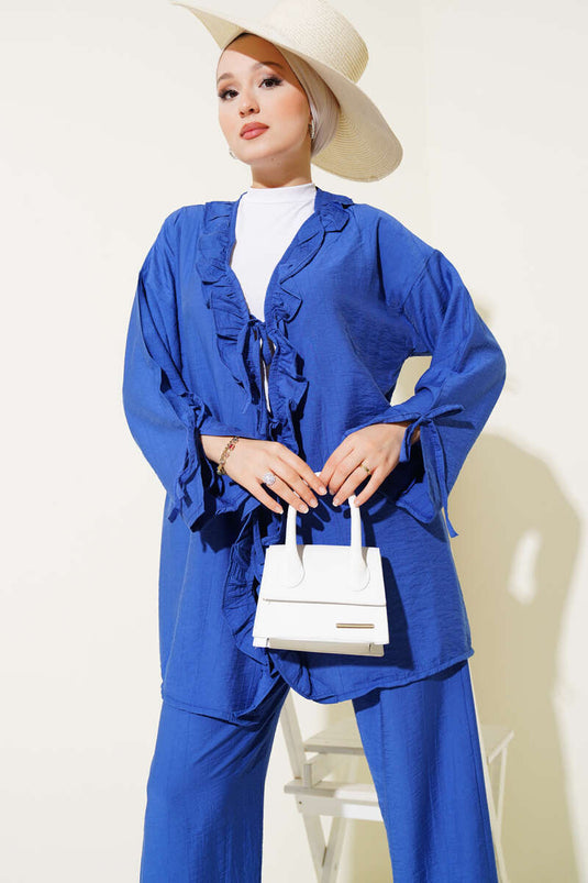 Ruffle Detailed Two Piece Suit in Saxe