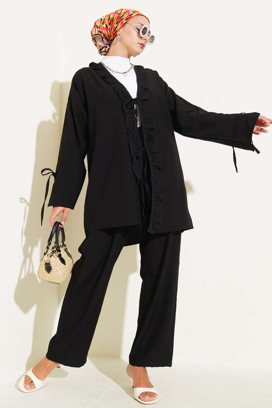 Geplooid tweedelig pak met detail, zwart