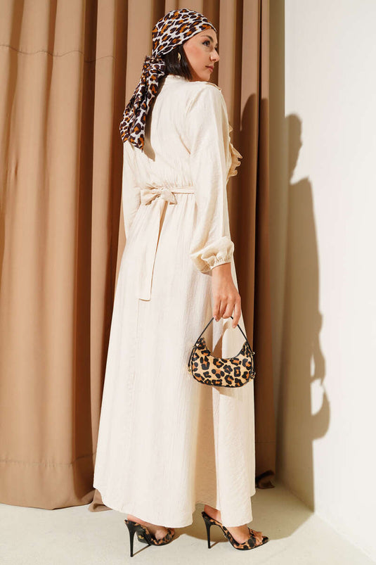 Yaka Fırfır Detaylı Kuşaklı Elbise Bej