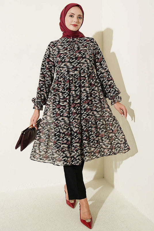 Burgundy Ruffled Chiffon Tunic With Stand Collar