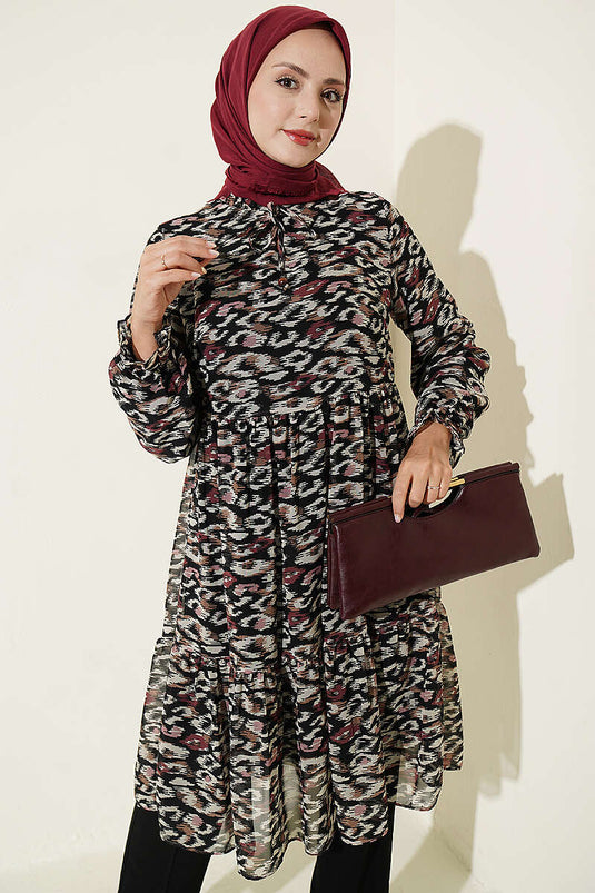 Burgundy Ruffled Chiffon Tunic With Stand Collar