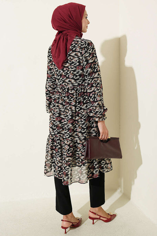 Burgundy Ruffled Chiffon Tunic With Stand Collar