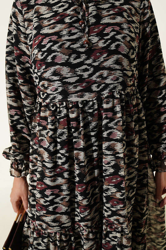 Burgundy Ruffled Chiffon Tunic With Stand Collar