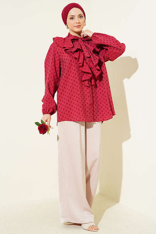 Collared Ruffled Drawstring Polka Dot Shirt Burgundy