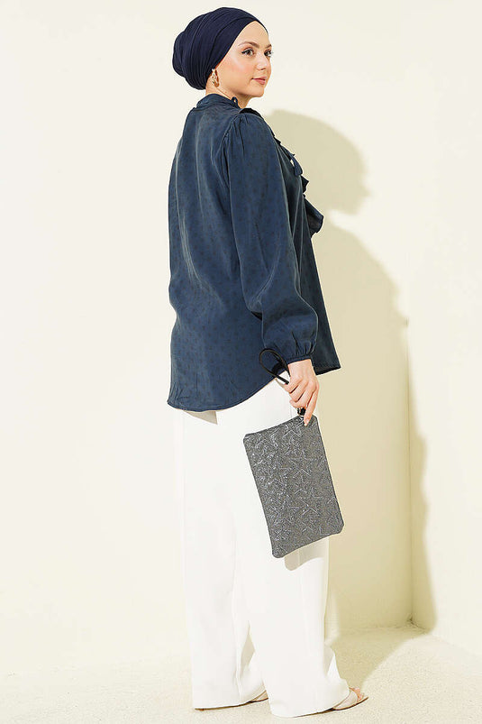 Collared Ruffled Drawstring Polka Dot Shirt in Smoke Gray