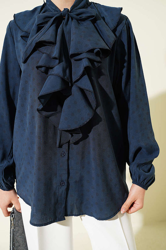 Collared Ruffled Drawstring Polka Dot Shirt in Smoke Gray