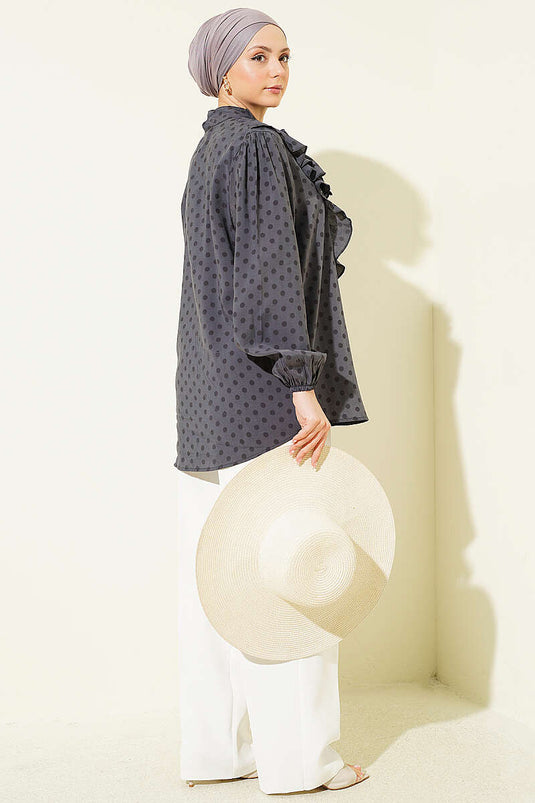 Collared Ruffled Drawstring Polka Dot Shirt Slate Gray