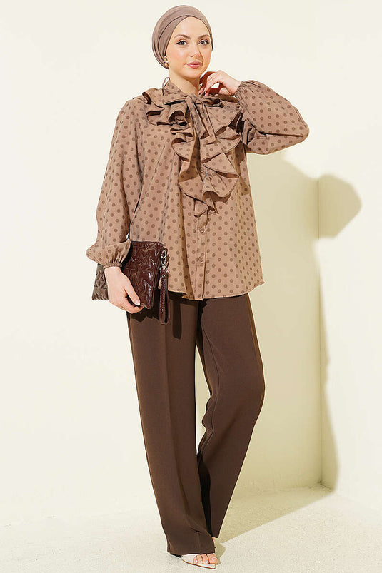 Collared Ruffled Drawstring Polka Dot Shirt in Mink