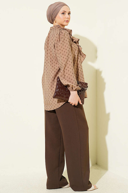 Collared Ruffled Drawstring Polka Dot Shirt in Mink