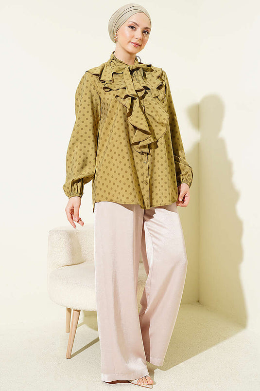 Collared Ruffled Drawstring Polka Dot Shirt Olive Green