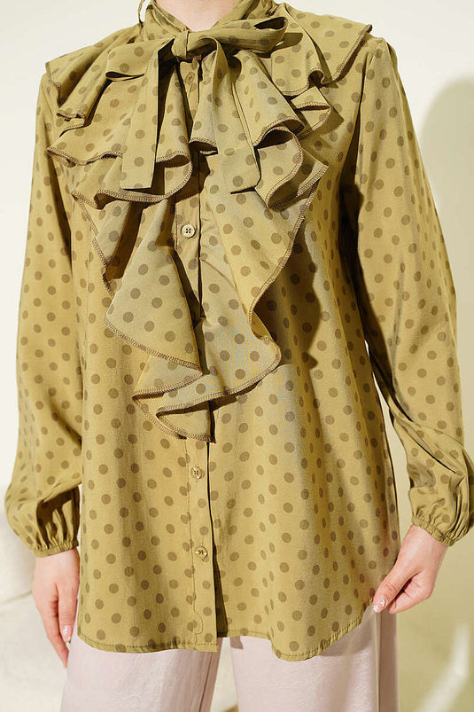 Bluse mit Kragen, Rüschen und Kordelzug, gepunktet, olivgrün