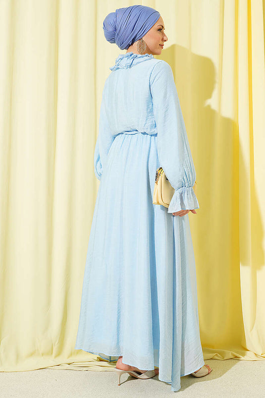 Ruffled Collar Elastic Waist Dress Baby Blue