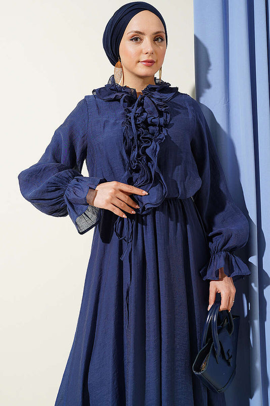 Ruffled Collar Elastic Waist Dress Navy Blue