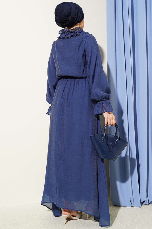 Ruffled Collar Elastic Waist Dress Navy Blue