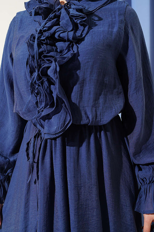 Kleid mit Rüschenkragen und elastischem Bund, Marineblau