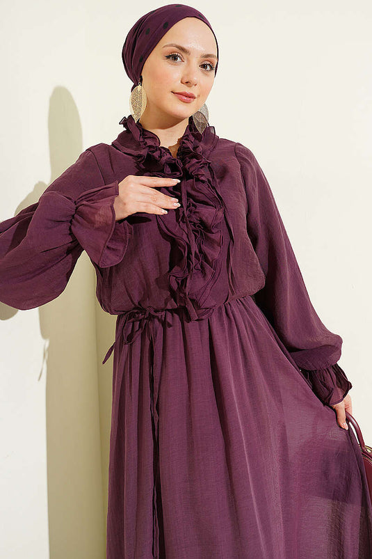 Ruffled Collar Elastic Waist Dress in Burgundy