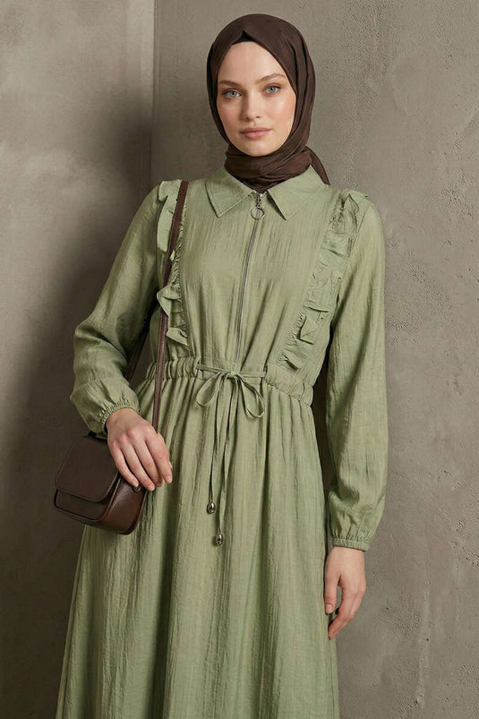 Dress with Ruffled Collar and Waist Tunnel, Avocado Green