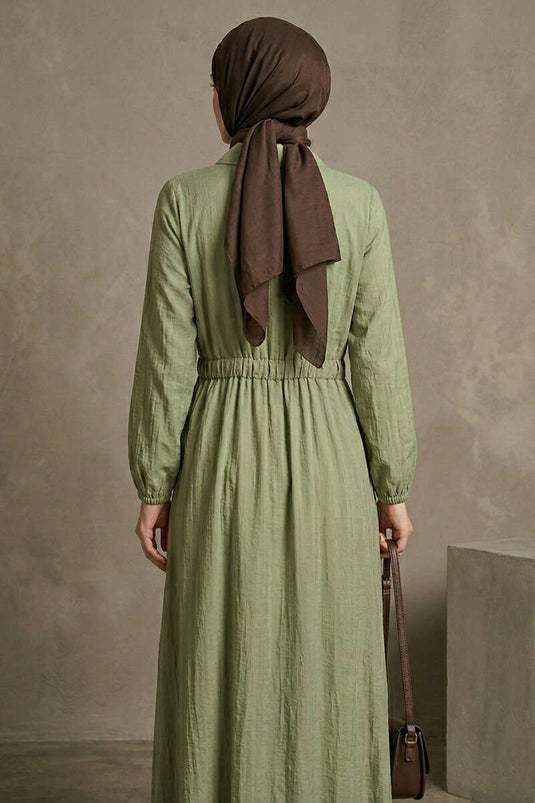 Dress with Ruffled Collar and Waist Tunnel, Avocado Green