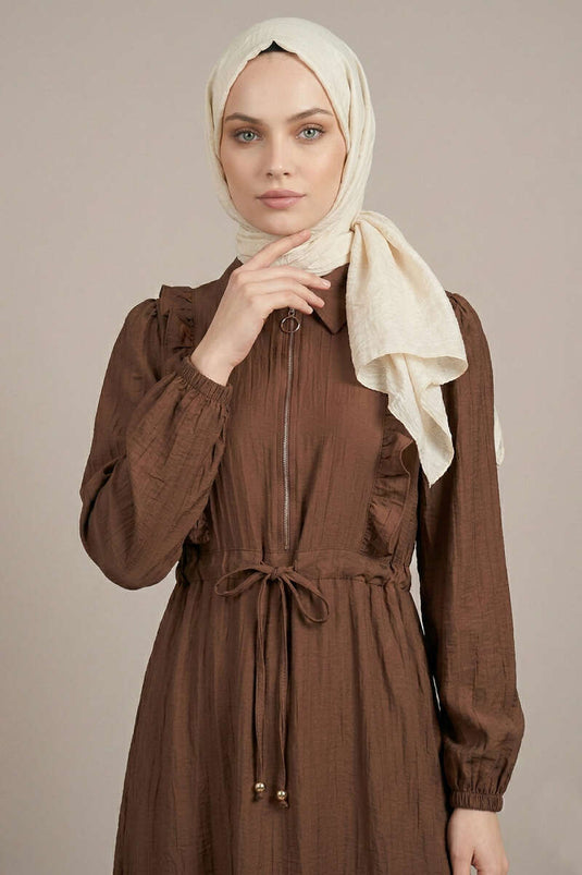 Dress with Ruffled Collar and Waist Tunnel, Coffee