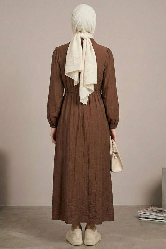 Dress with Ruffled Collar and Waist Tunnel, Coffee