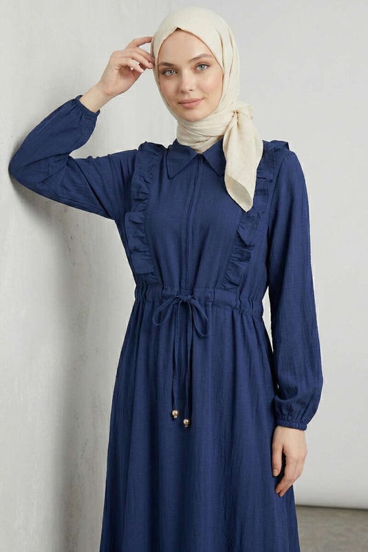 Dress with Ruffled Collar and Waist Tunnel Navy Blue
