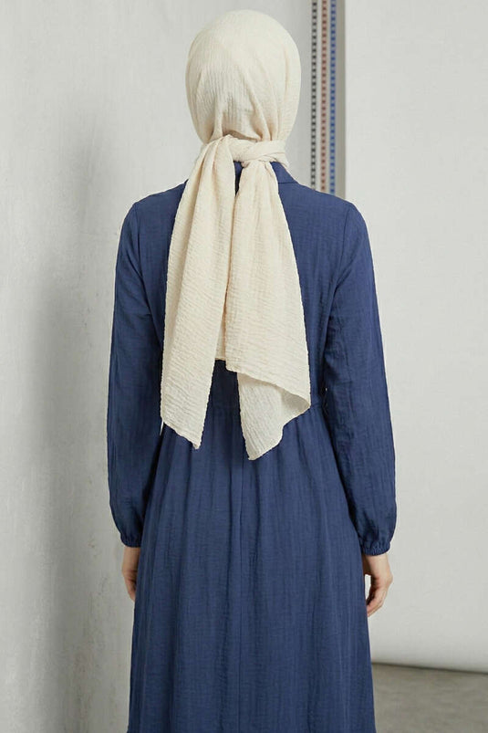 Dress with Ruffled Collar and Waist Tunnel Navy Blue