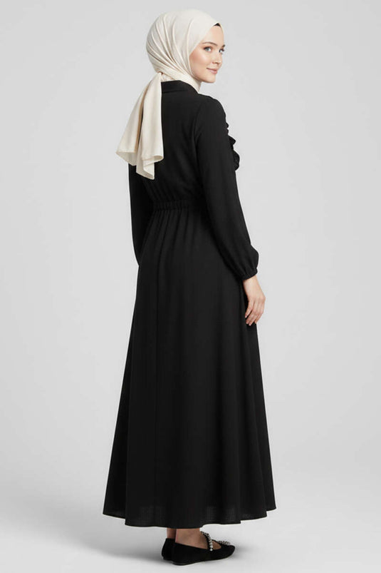 Dress with Ruffled Collar and Waist Tunnel Black