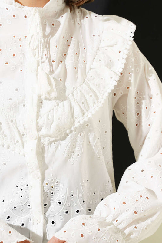 Ruffle Collar Embroidered Shirt Ecru