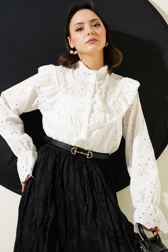 Ruffle Collar Embroidered Shirt Ecru