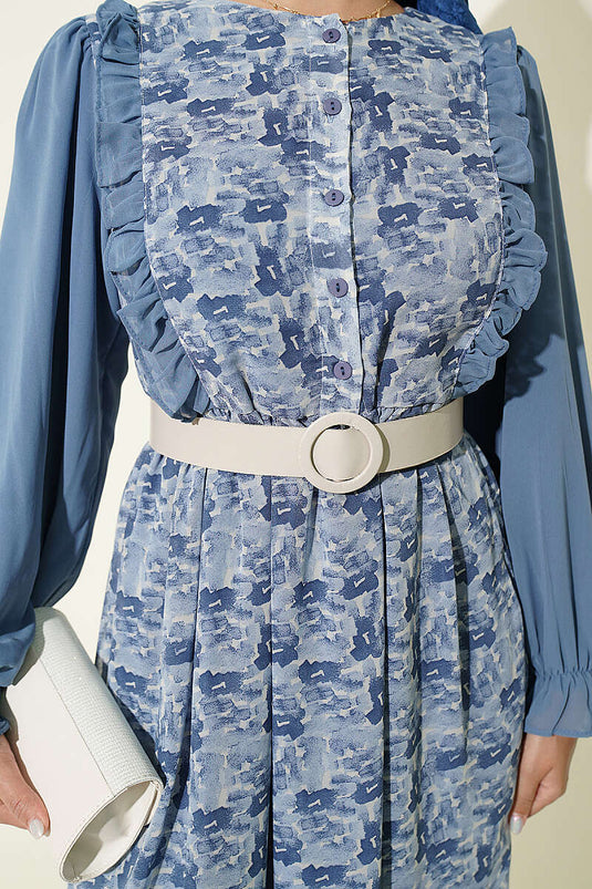 فستان Chiffon أزرق مزخرف بكشكش